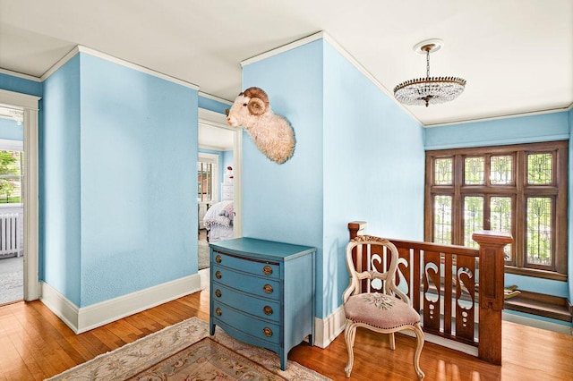 2401 5th St, Duluth, MN 55812 - corridor with crown molding, baseboards, wood finished floors, and radiator heating unit