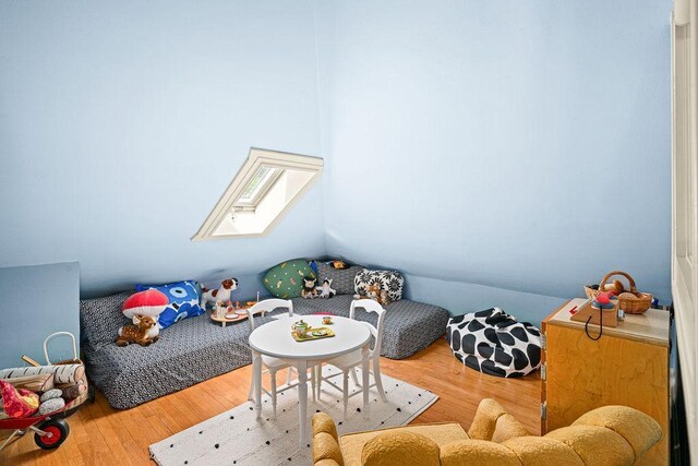 2401 5th St, Duluth, MN 55812 - rec room with a skylight, wood finished floors, and lofted ceiling