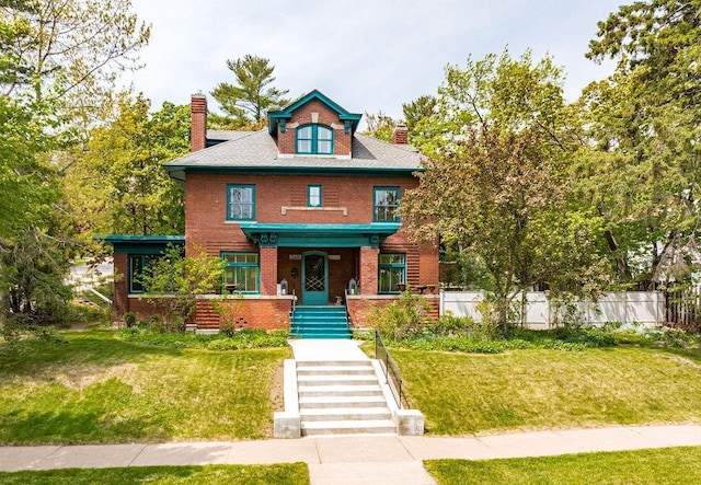 2401 5th St, Duluth, MN 55812 - american foursquare style home featuring a chimney, brick siding, a porch, and stairway