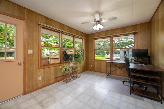 615 Eisenhower Dr, Saint Croix Falls, WI 54024 - office space with light floors, wooden walls, baseboards, and ceiling fan