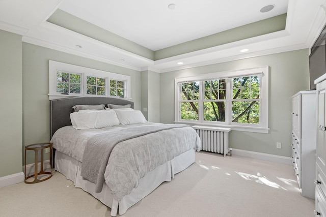 4601 Lake Harriet Pkwy, Minneapolis, MN 55419 - bedroom featuring radiator, baseboards, a tray ceiling, light carpet, and recessed lighting