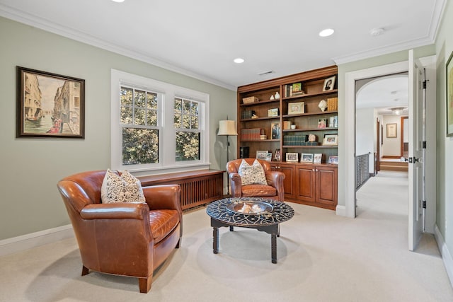 4601 Lake Harriet Pkwy, Minneapolis, MN 55419 - sitting room with light colored carpet, ornamental molding, baseboards, recessed lighting, and radiator heating unit