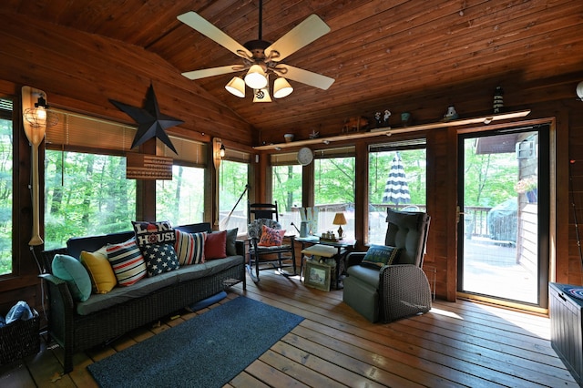 1147 Hillside Ln, Edgewater, WI 54817 - living room featuring lofted ceiling, wood ceiling, wood walls, hardwood / wood-style flooring, and ceiling fan