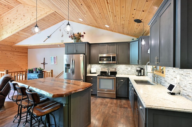 1147 Hillside Ln, Edgewater, WI 54817 - kitchen featuring appliances with stainless steel finishes, wood ceiling, a sink, dark wood finished floors, and wood counters