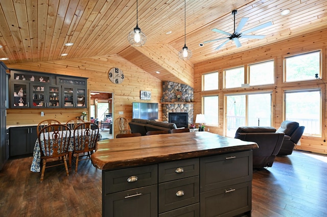 1147 Hillside Ln, Edgewater, WI 54817 - kitchen featuring butcher block countertops, wood ceiling, wood walls, a stone fireplace, and dark wood-style flooring
