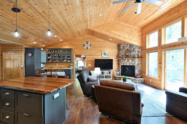 1147 Hillside Ln, Edgewater, WI 54817 - living room with wood walls, wooden ceiling, a ceiling fan, dark wood finished floors, and high vaulted ceiling