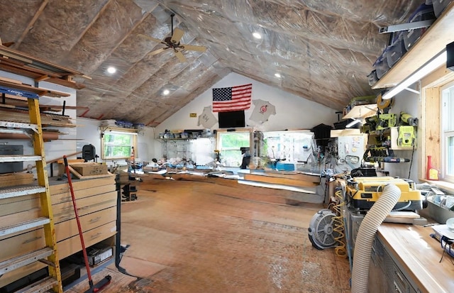 1147 Hillside Ln, Edgewater, WI 54817 - miscellaneous room with lofted ceiling, a ceiling fan, and a workshop area