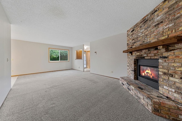 5214 148th St W, Apple Valley, MN 55124 - unfurnished living room featuring carpet, a brick fireplace, and a textured ceiling