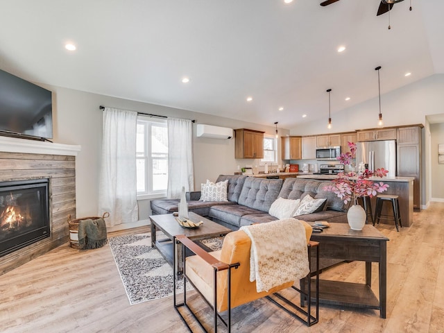 2855 28 11/16 St, Cedar Lake Twp, WI 54817 - living room featuring plenty of natural light, an AC wall unit, ceiling fan, light wood-type flooring, and recessed lighting