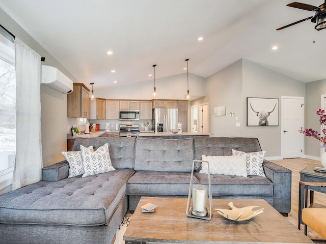 2855 28 11/16 St, Cedar Lake Twp, WI 54817 - living area with an AC wall unit, lofted ceiling, ceiling fan, recessed lighting, and baseboards