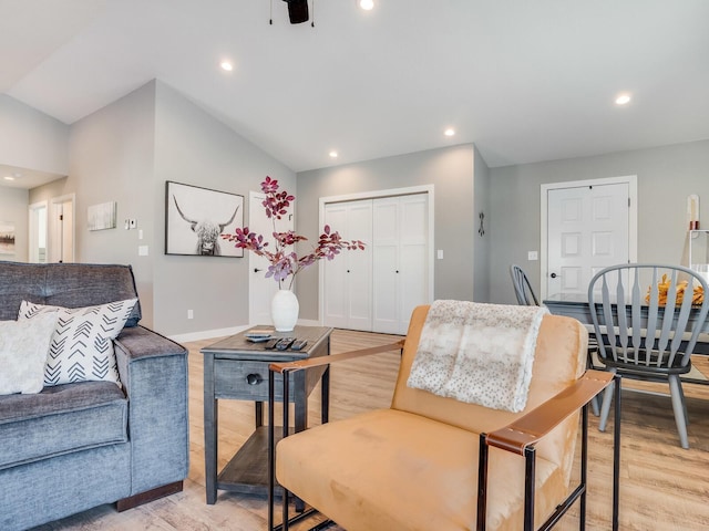 2855 28 11/16 St, Cedar Lake Twp, WI 54817 - living area with light wood-style flooring, recessed lighting, ceiling fan, vaulted ceiling, and baseboards