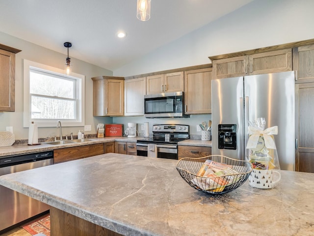 2855 28 11/16 St, Cedar Lake Twp, WI 54817 - kitchen featuring stainless steel appliances, a sink, lofted ceiling, pendant lighting, and recessed lighting
