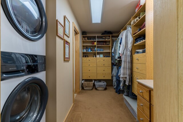 27766 County 37, Laporte, MN 56461 - washroom with stacked washing machine and dryer and carpet flooring