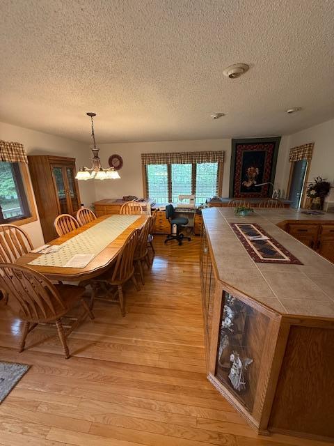 20501 Nebish Rd NE, Blackduck, MN 56630 - dining area featuring a textured ceiling, light wood-type flooring, and a chandelier