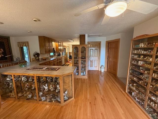 20501 Nebish Rd NE, Blackduck, MN 56630 - bar with cooktop, a textured ceiling, light wood-style flooring, ceiling fan, and a sink