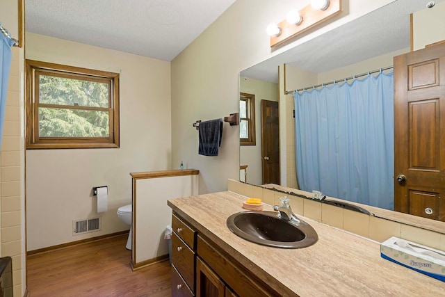 11606 235th St E, Lakeville, MN 55044 - bathroom featuring wood finished floors, toilet, vanity, baseboards, and curtained shower