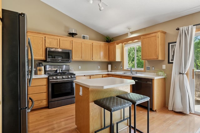 6449 151st St N, Hugo, MN 55038 - kitchen with stainless steel appliances, light countertops, a center island, lofted ceiling, and light wood-style floors