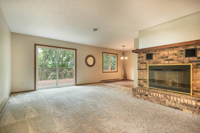 20619 Hillcrest Rd, Elizabeth Twp, MN 56537 - unfurnished living room with carpet, a fireplace, healthy amount of natural light, and a textured ceiling
