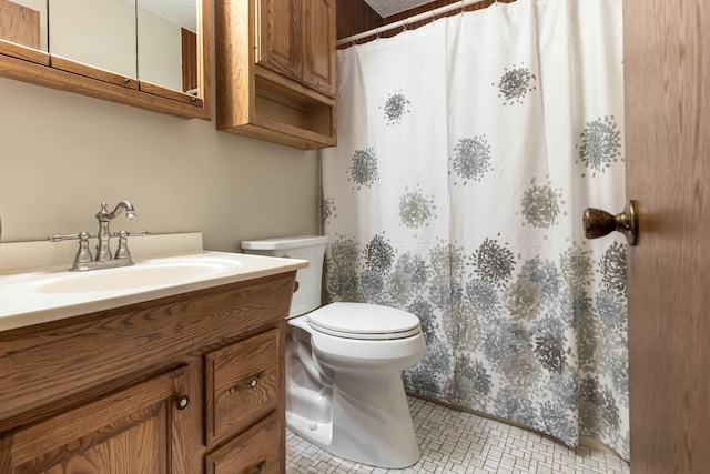 20619 Hillcrest Rd, Elizabeth Twp, MN 56537 - bathroom with toilet, vanity, a shower with curtain, and tile patterned flooring