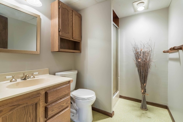 20619 Hillcrest Rd, Elizabeth Twp, MN 56537 - bathroom with toilet, vanity, a shower with door, and baseboards