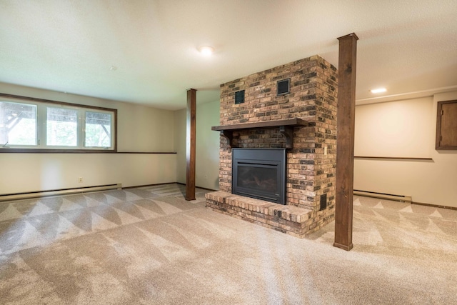 20619 Hillcrest Rd, Elizabeth Twp, MN 56537 - unfurnished living room featuring carpet flooring, a baseboard heating unit, a fireplace, baseboard heating, and recessed lighting