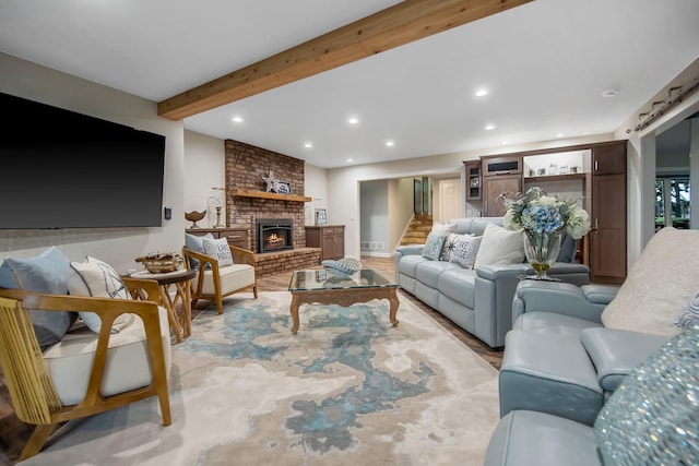 2311 Swan Dr, Mendota Heights, MN 55120 - living area featuring recessed lighting, stairs, a fireplace, and beam ceiling