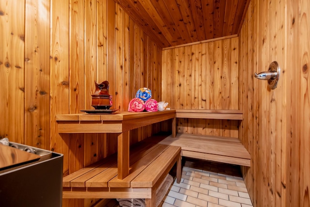 2311 Swan Dr, Mendota Heights, MN 55120 - relaxing sauna featuring wooden walls, wood ceiling, and brick flooring