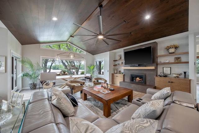 2311 Swan Dr, Mendota Heights, MN 55120 - living area featuring wood finished floors, wood ceiling, a glass covered fireplace, a ceiling fan, and vaulted ceiling