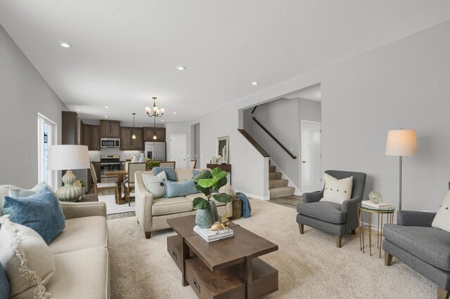10647 29th St NE, Saint Michael, MN 55376 - living area featuring a chandelier, stairway, light carpet, recessed lighting, and baseboards