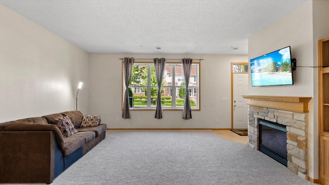 13749 Atrium Ave Unit 2303, Rosemount, MN 55068 - carpeted living room featuring a textured ceiling, a stone fireplace, and baseboards