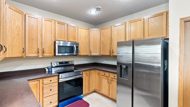 13749 Atrium Ave Unit 2303, Rosemount, MN 55068 - kitchen featuring appliances with stainless steel finishes, dark countertops, a textured ceiling, and light brown cabinetry