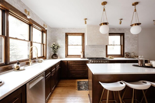 2137 Wellesley Ave, Saint Paul, MN 55105 - kitchen with stainless steel dishwasher, a kitchen bar, light countertops, decorative backsplash, and plenty of natural light