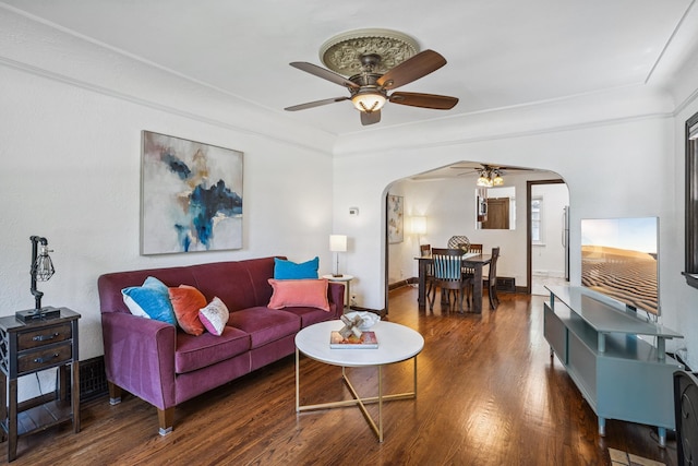 4545 5th Ave S, Minneapolis, MN 55419 - living room with arched walkways, ceiling fan, and wood finished floors
