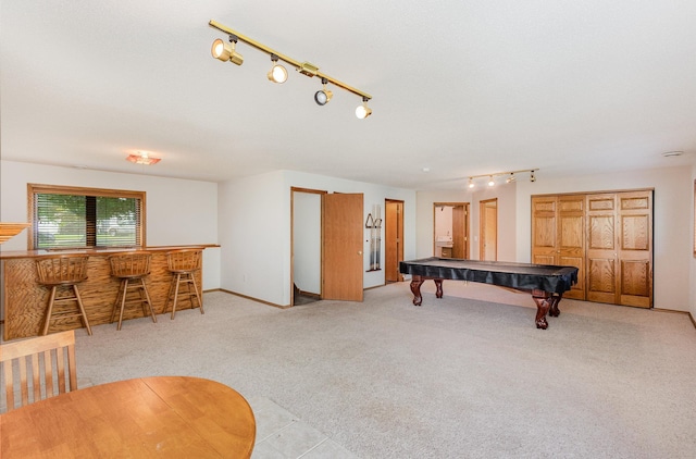 6122 152nd St N, Hugo, MN 55038 - playroom featuring rail lighting, pool table, a bar, light carpet, and baseboards