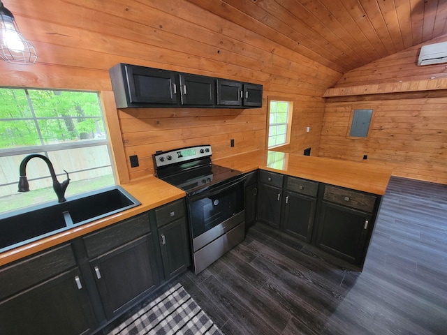 46625 High Dr, Kathio Twp, MN 56450 - kitchen with stainless steel range with electric stovetop, lofted ceiling, a sink, wooden walls, and a wall unit AC
