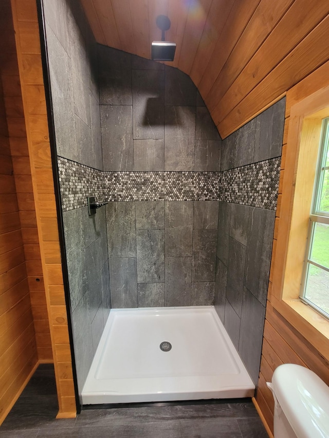 46625 High Dr, Kathio Twp, MN 56450 - full bath with toilet, tiled shower, wood walls, and vaulted ceiling