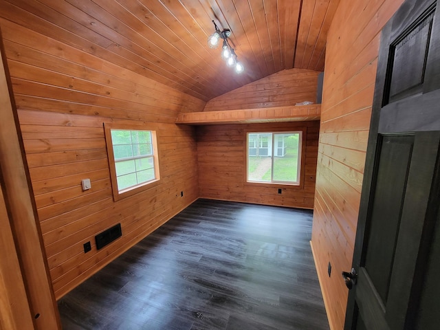 46625 High Dr, Kathio Twp, MN 56450 - spare room featuring lofted ceiling, wood walls, wood ceiling, plenty of natural light, and dark wood-style flooring