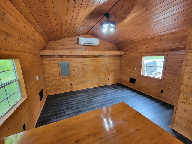 46625 High Dr, Kathio Twp, MN 56450 - additional living space featuring a wall unit AC, lofted ceiling, wooden walls, wood finished floors, and wooden ceiling