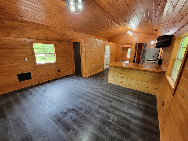 46625 High Dr, Kathio Twp, MN 56450 - unfurnished living room featuring lofted ceiling, wood ceiling, a sink, wood walls, and dark wood-style floors
