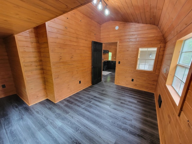 46625 High Dr, Kathio Twp, MN 56450 - spare room featuring wood walls, vaulted ceiling, wood ceiling, and dark wood-style flooring