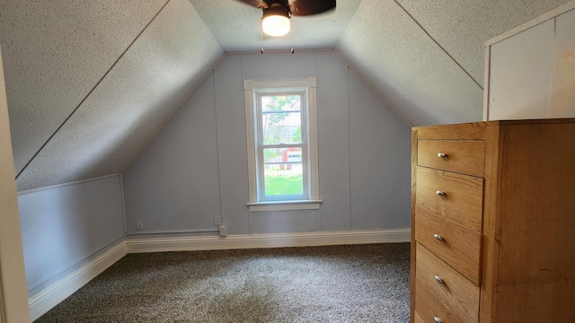229 2nd Ave, Wanamingo, MN 55983 - bonus room with carpet, a textured ceiling, a ceiling fan, vaulted ceiling, and baseboards