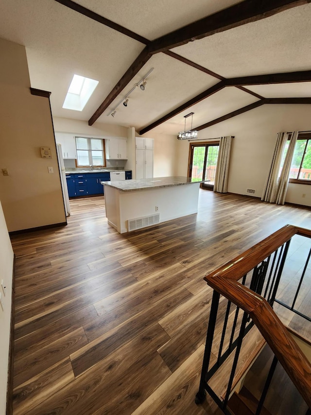 1180 Hathaway Ln NE, Fridley, MN 55432 - kitchen with blue cabinetry, a skylight, dark wood-style floors, and healthy amount of natural light