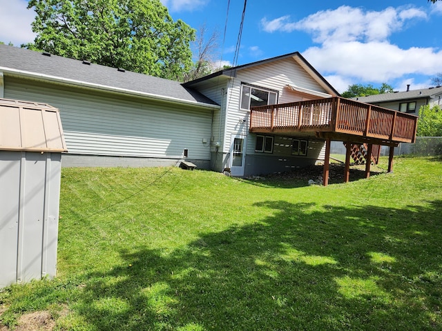 1180 Hathaway Ln NE, Fridley, MN 55432 - back of property featuring a wooden deck and a yard