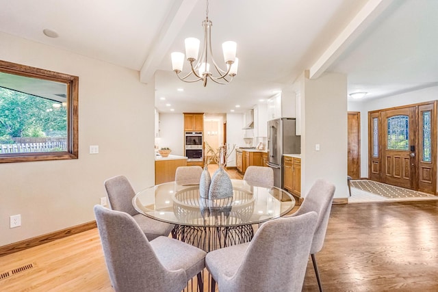 1000 Winston Cir, Mendota Heights, MN 55118 - dining area featuring beamed ceiling, light wood-style floors, a chandelier, baseboards, and recessed lighting