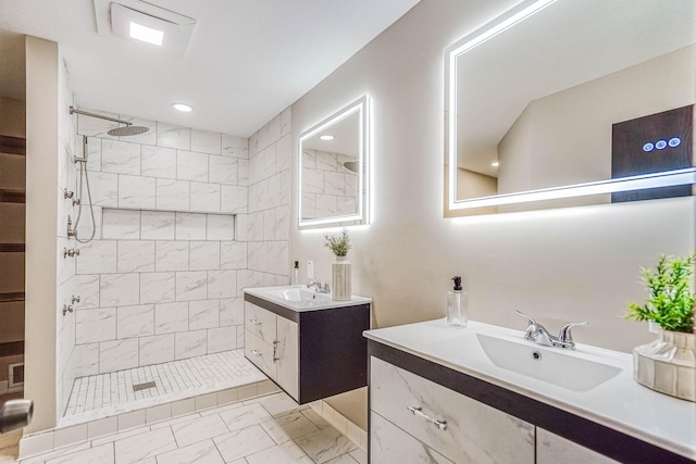 1000 Winston Cir, Mendota Heights, MN 55118 - full bath with marble look tiles, walk in shower, two vanities, and recessed lighting