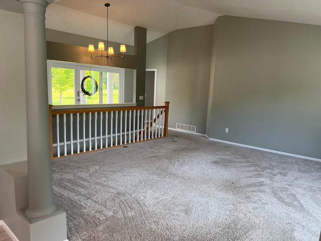 6563 Parkview Cir, Baxter, MN 56425 - unfurnished room with vaulted ceiling, carpet floors, a chandelier, and baseboards