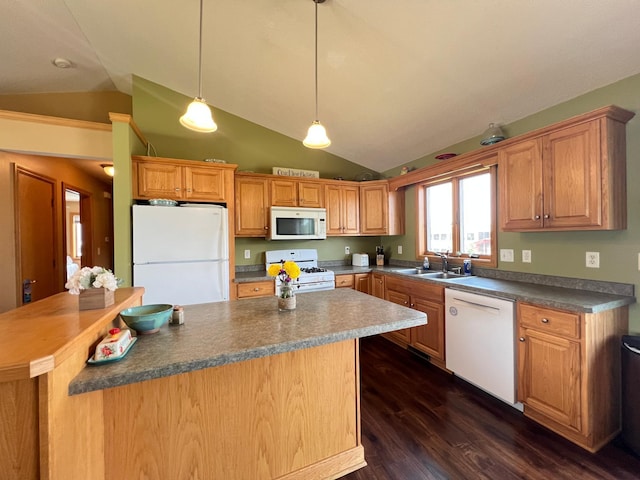 823 4th St NE, Byron, MN 55920 - kitchen with white appliances, vaulted ceiling, a sink, dark wood-type flooring, and a kitchen island