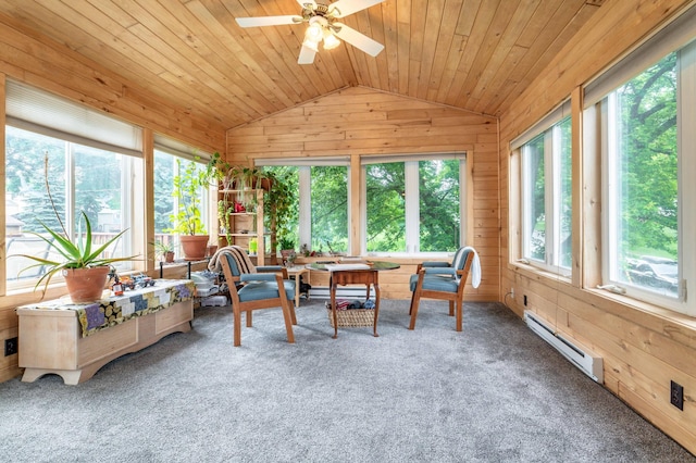 327 Channing Ave, Fergus Falls, MN 56537 - sunroom / solarium featuring a baseboard heating unit, wood walls, vaulted ceiling, carpet, and wooden ceiling