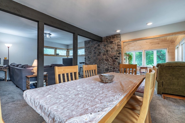327 Channing Ave, Fergus Falls, MN 56537 - dining room with carpet floors, plenty of natural light, beamed ceiling, and recessed lighting
