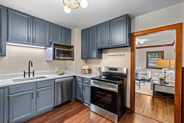 3017 32nd Ave NE, Saint Anthony, MN 55418 - kitchen with stainless steel appliances, dark wood-style flooring, light countertops, and tasteful backsplash